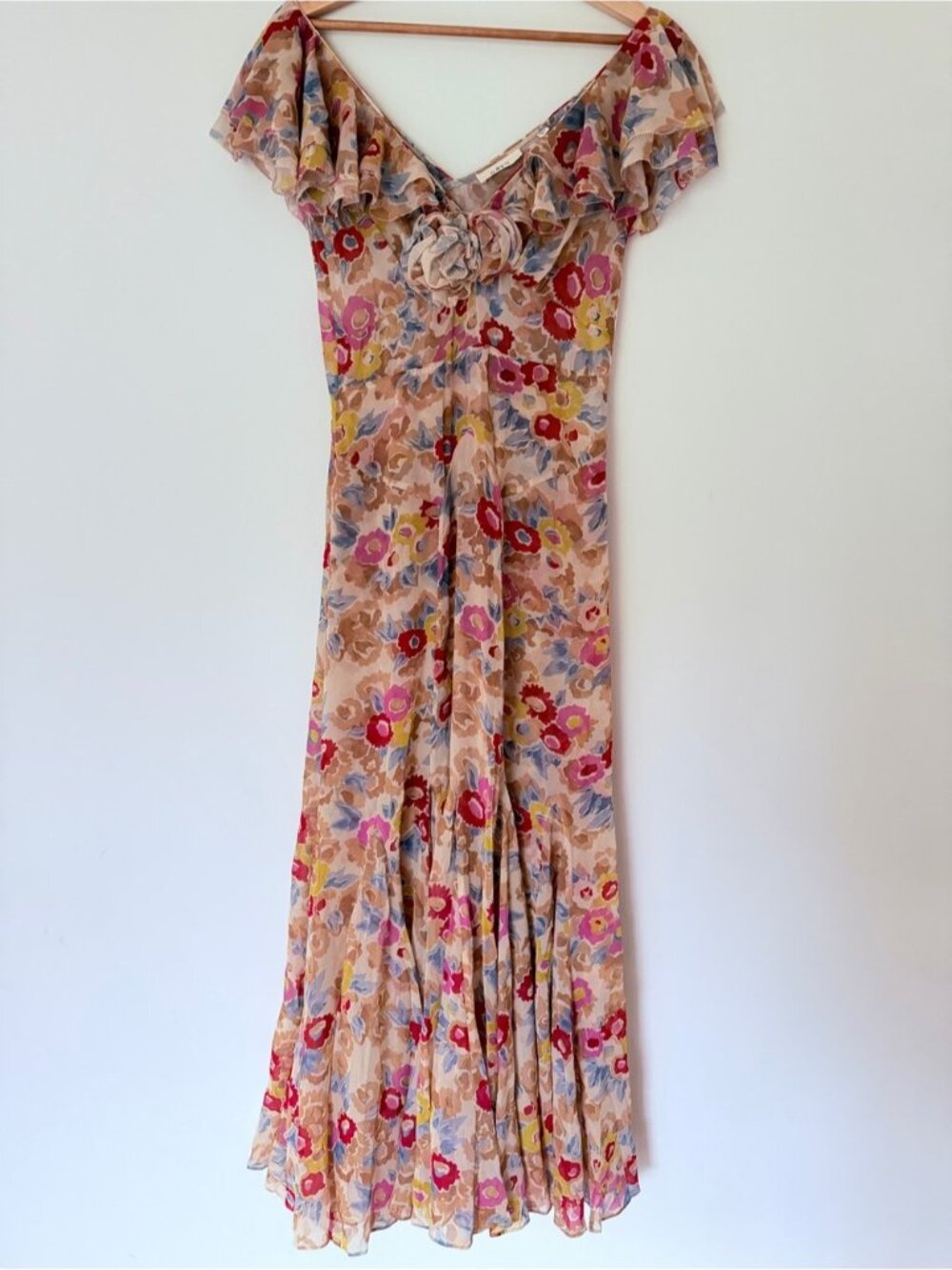 NEW DOEN Amerelle Silk Long Dress Jardin De Camelias Beige Pink Floral US XS - Picture 6 of 16